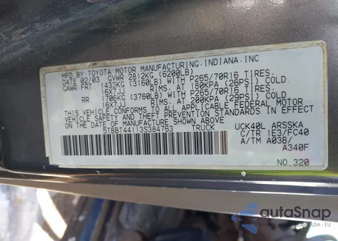 2003 Toyota Tundra Sr5 V8 из США, поврежденный, VIN 5TBBT44113S384763